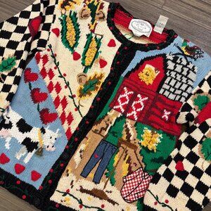 Vintage 90's Eagle's Eye Cardigan Sweater Medium Farm Cow Bell Hand Knit Cottage